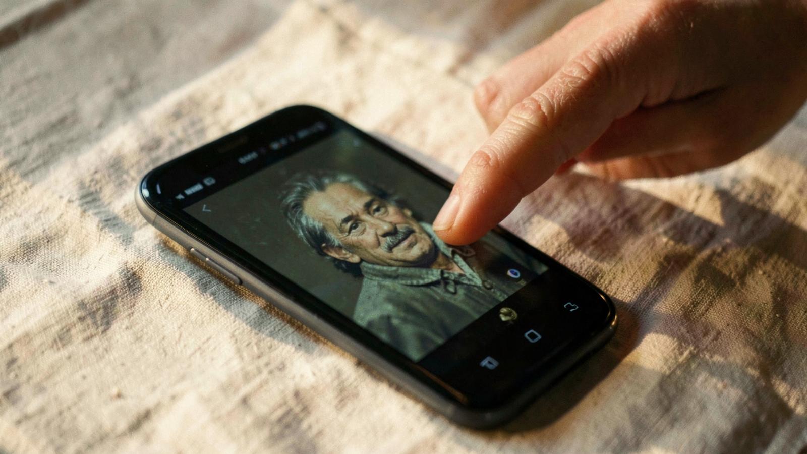 Handy auf Leinentuch mit angehaltenem Video eines alten Porträts