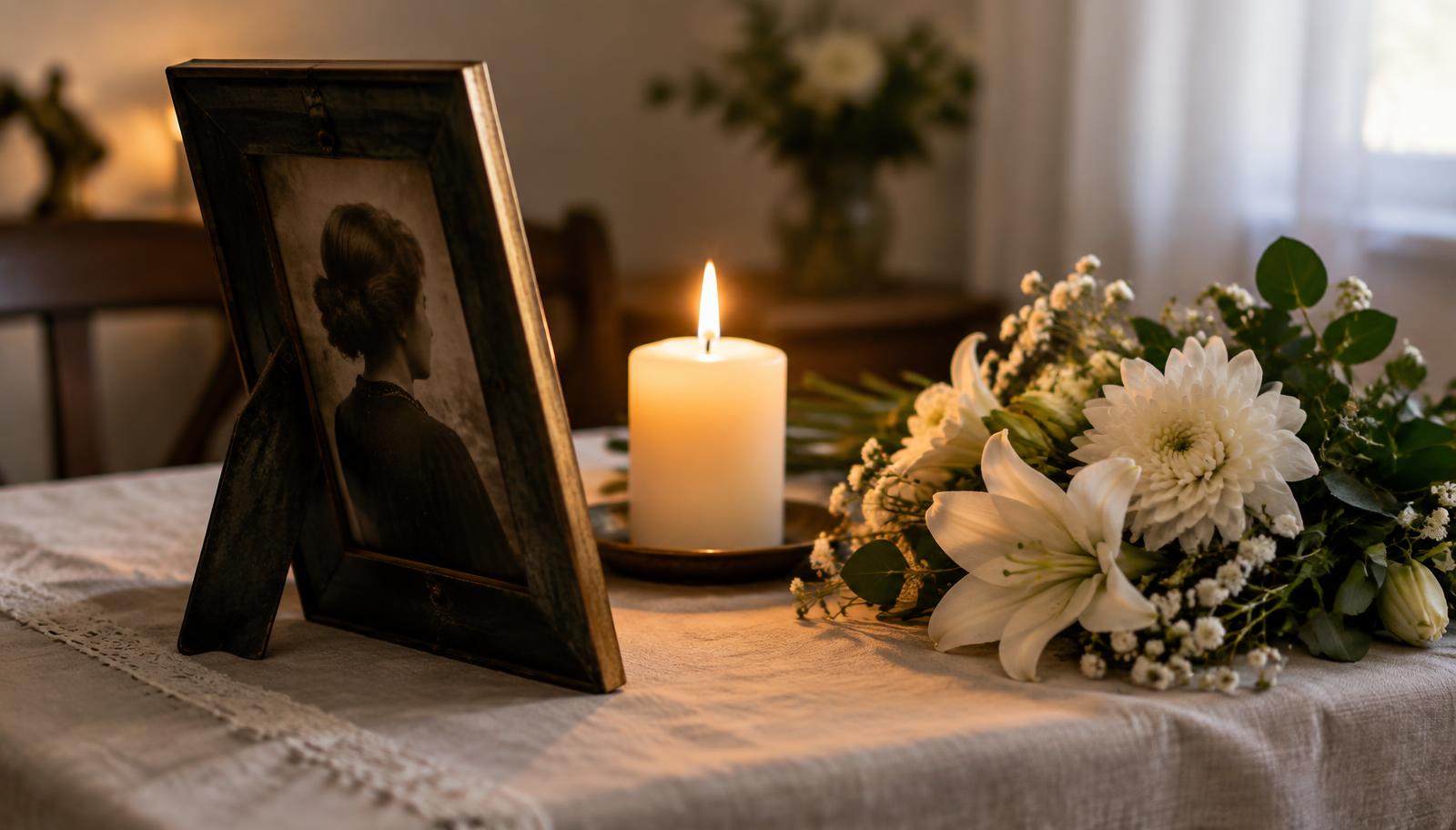 Gerahmtes altes Foto, brennende Kerze und weiße Blumen auf einem Tisch mit Leinentischdecke