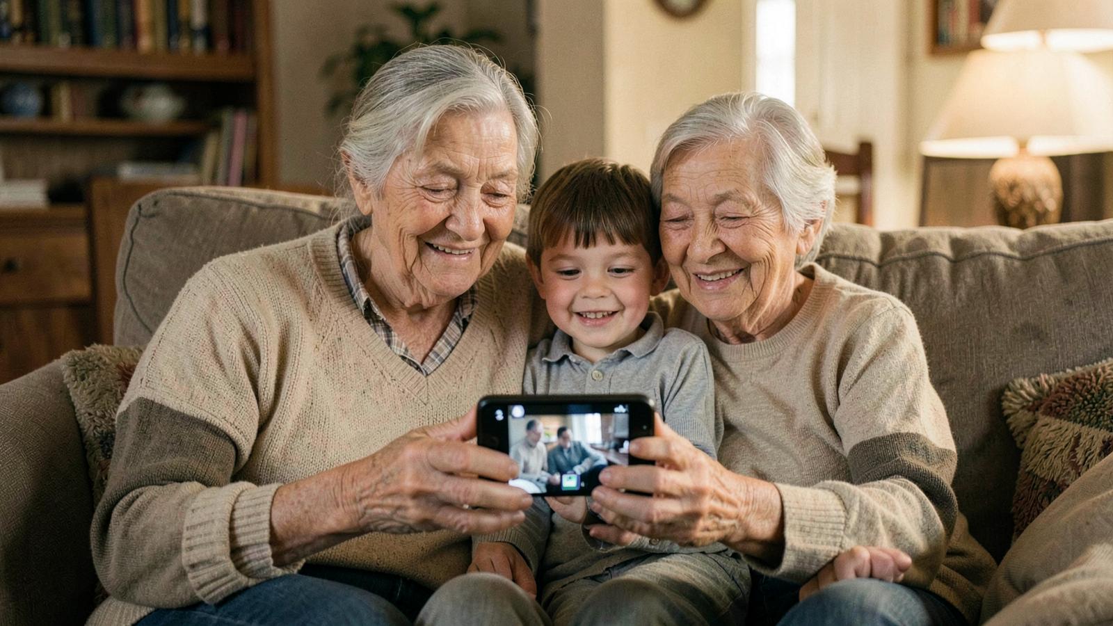 Großmutter und Enkel schauen auf dem Handy ein kurzes Video aus einem alten Foto